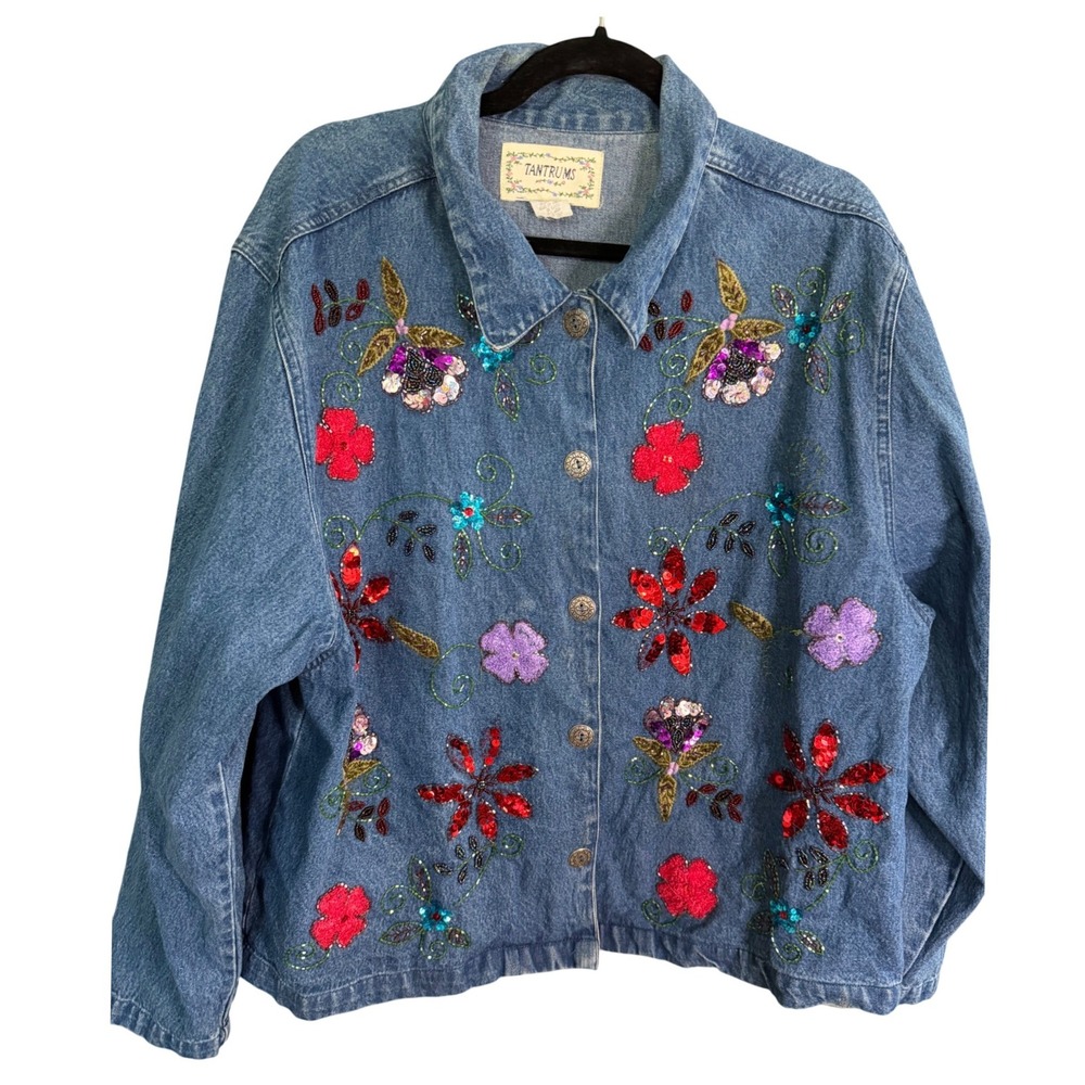 Tantrums Highly Embellished Denim Jean Jacket PXL‎ Cotton Floral Sequin Hippie